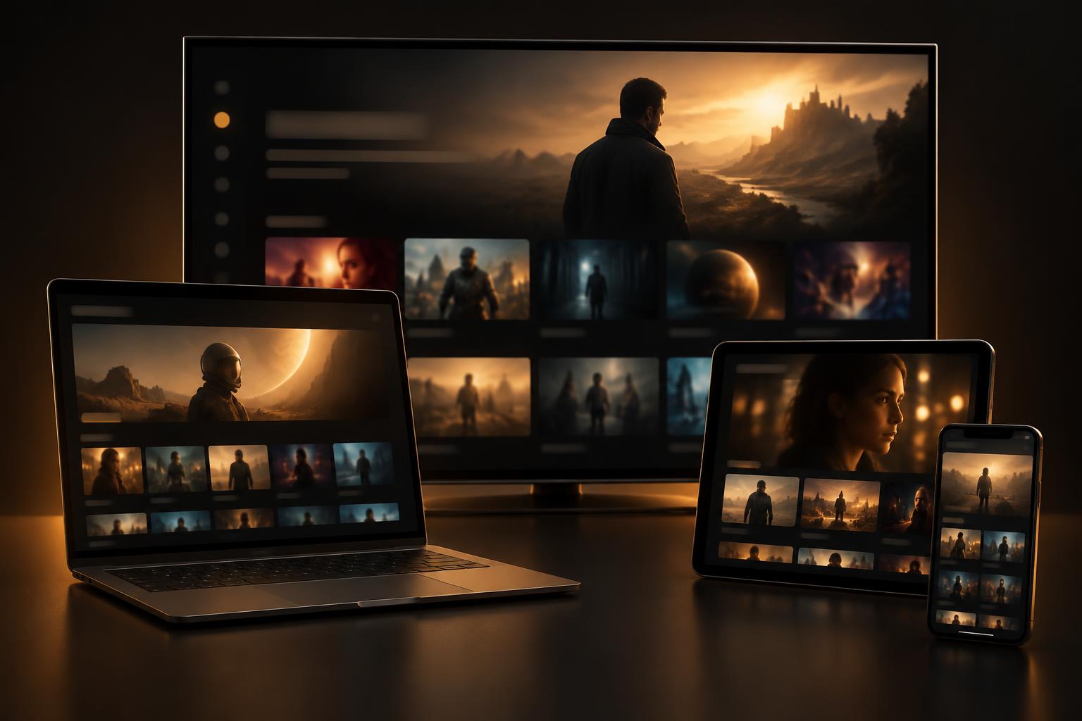 TV, laptop, tablet and phone showing the streaming app